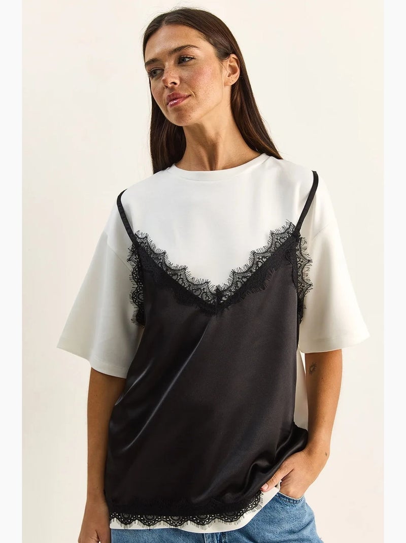 Dames t-shirt met kant en ronde hals lucci Wit - Kiabi