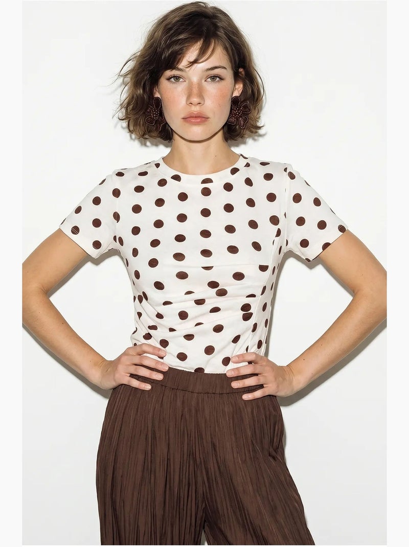 Dames t-shirt met polkadotprint en ronde hals lucci Bruin - Kiabi