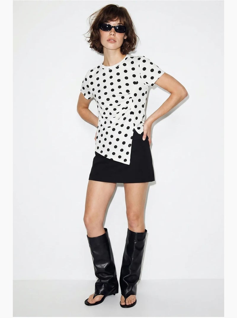Dames t-shirt met polkadotprint en ronde hals lucci Wit Zwart - Kiabi