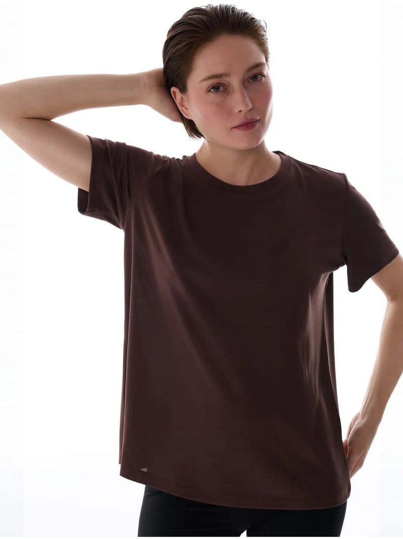 Dames t-shirt met ronde hals penti Chocoladebruin - Kiabi