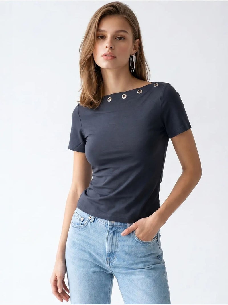 Dames t-shirt slim fit met boothals mixray Grijs Zwart - Kiabi