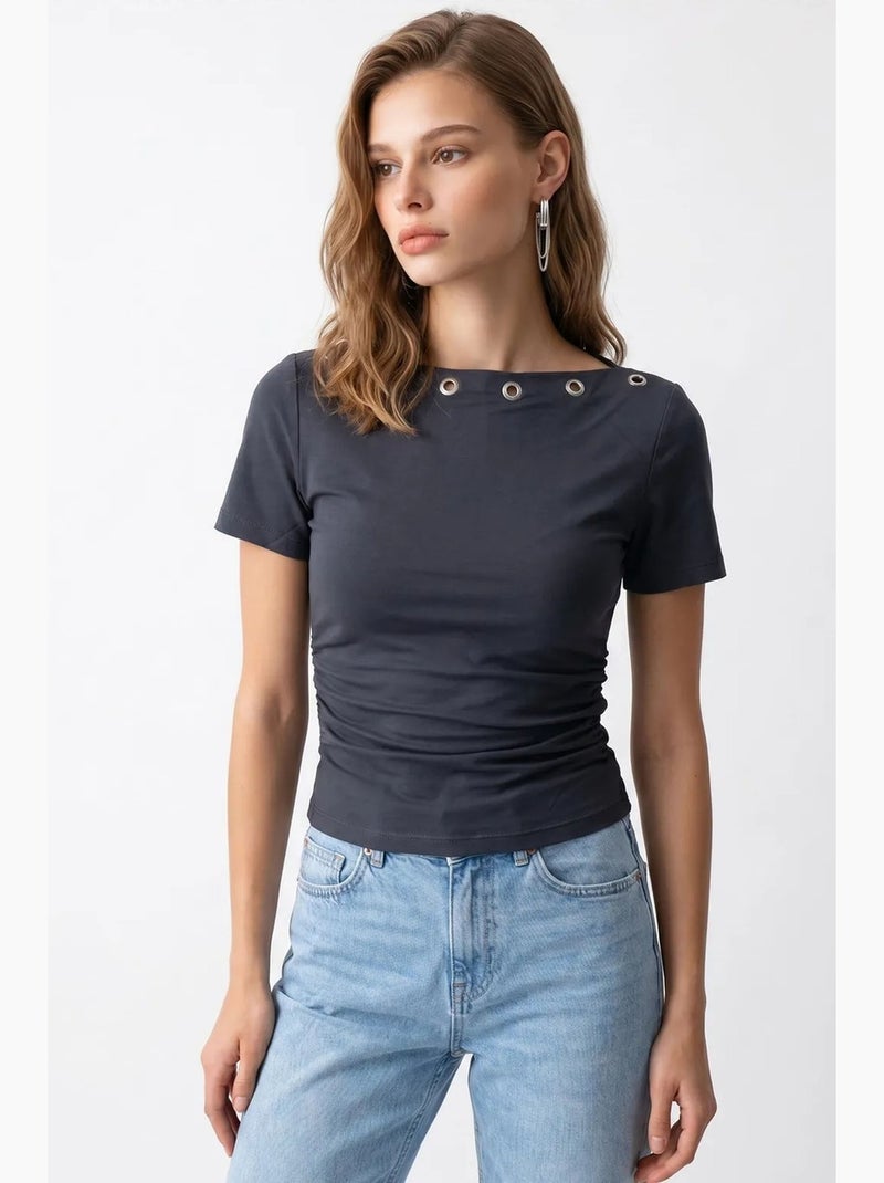 Dames t-shirt slim fit met boothals mixray Grijs Zwart - Kiabi