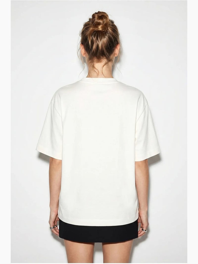Dames t-shirt van katoen met boothals en print lucci Gebroken wit - Kiabi