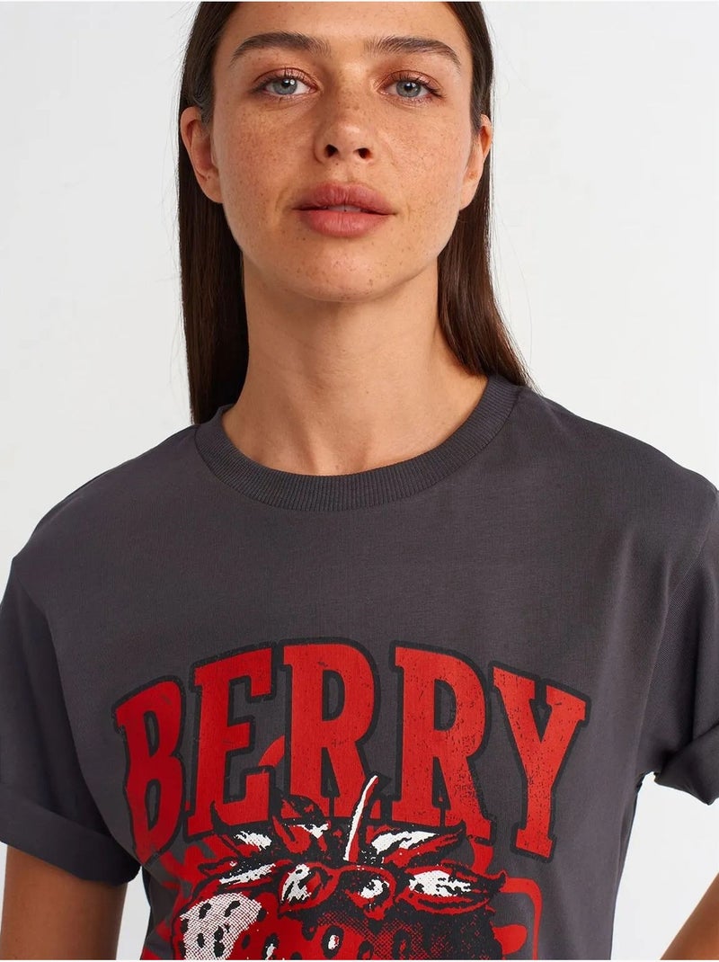 Dames t-shirt van katoen met print en ronde hals dilvin Grijs Zwart - Kiabi