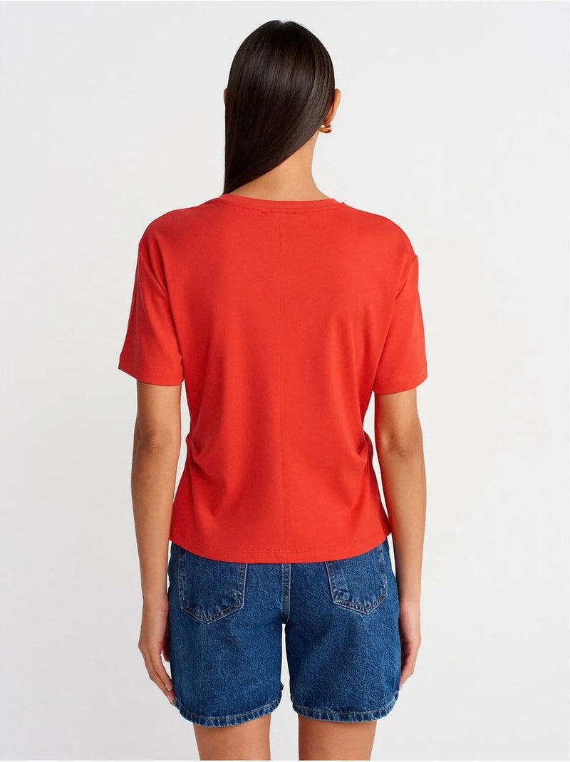 Dames t-shirt van katoen met ronde hals en split dilvin Rood - Kiabi