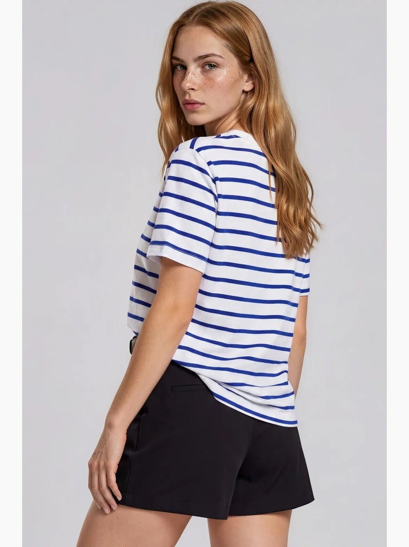 Dames t-shirt van katoen met strepen en ronde hals busem Wit Blauw - Kiabi