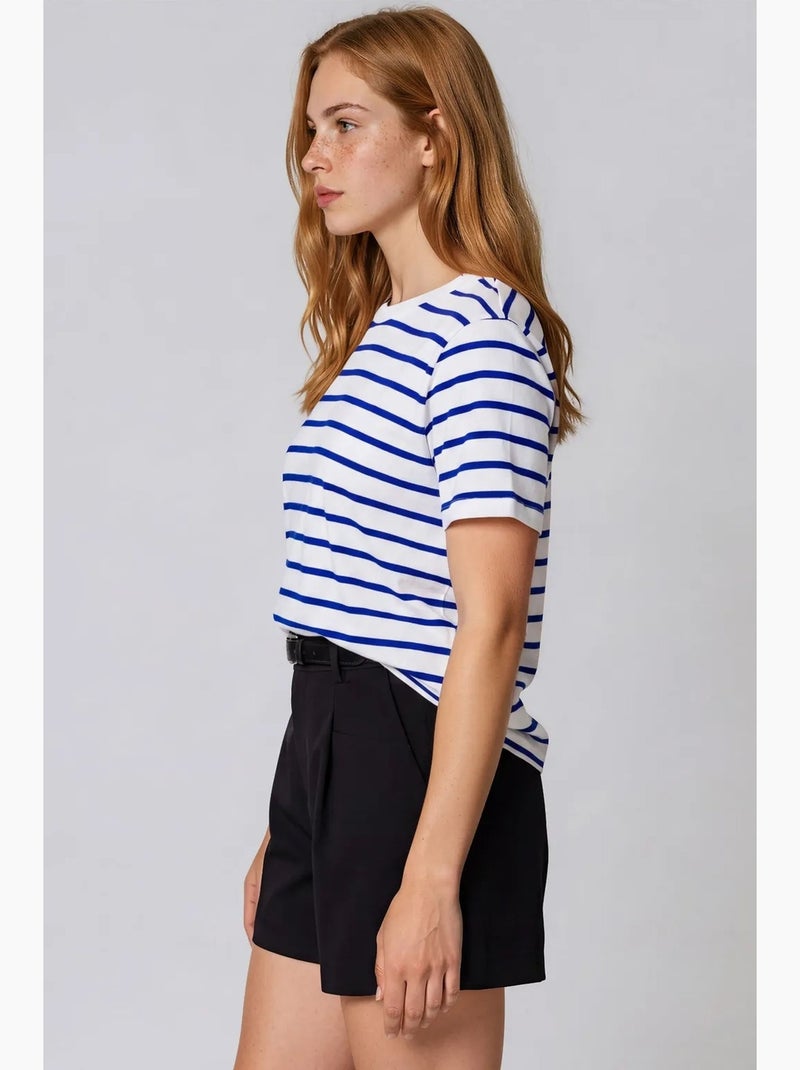 Dames t-shirt van katoen met strepen en ronde hals busem Wit Blauw - Kiabi