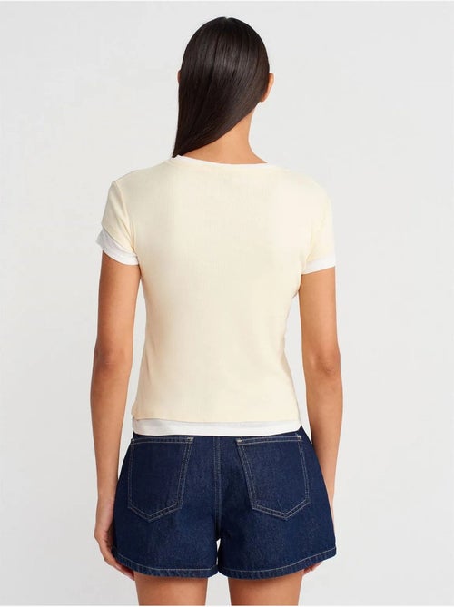 Dames t-shirt van katoen met v-hals en knoopsluiting dilvin - Kiabi
