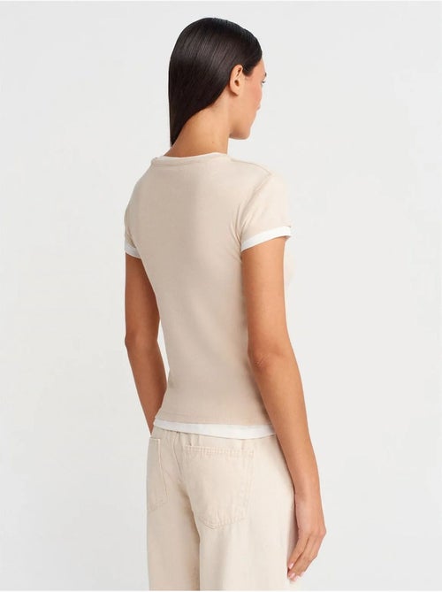 Dames t-shirt van katoen met v-hals en knoopsluiting dilvin - Kiabi