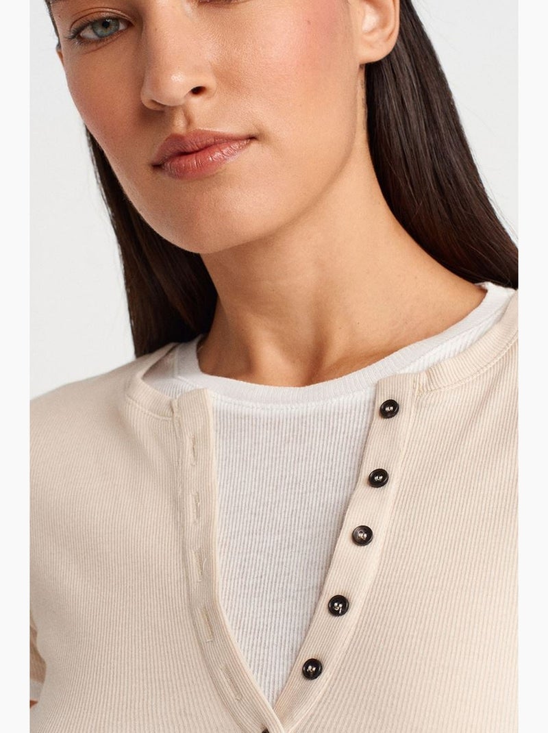 Dames t-shirt van katoen met v-hals en knoopsluiting dilvin Klei-beige - Kiabi