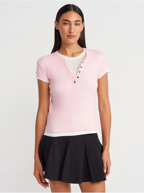 Dames t-shirt van katoen met v-hals en knoopsluiting dilvin - Kiabi