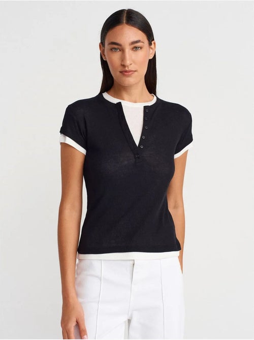 Dames t-shirt van katoen met v-hals en knoopsluiting dilvin - Kiabi