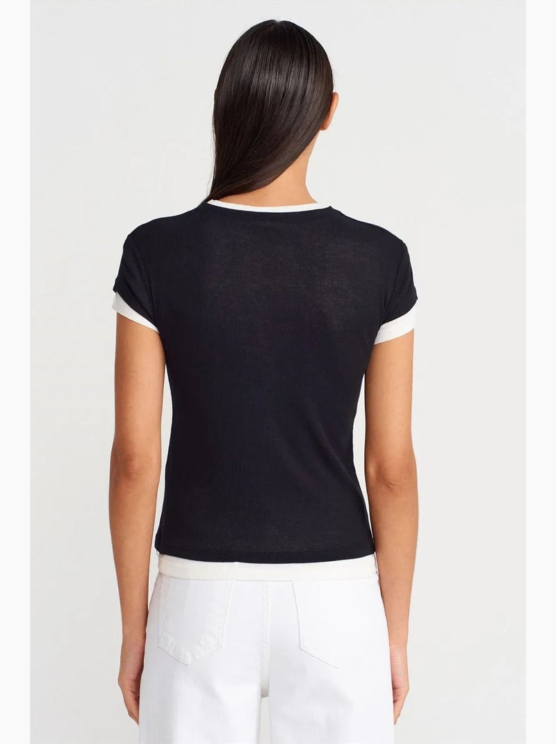 Dames t-shirt van katoen met v-hals en knoopsluiting dilvin Zwart - Kiabi