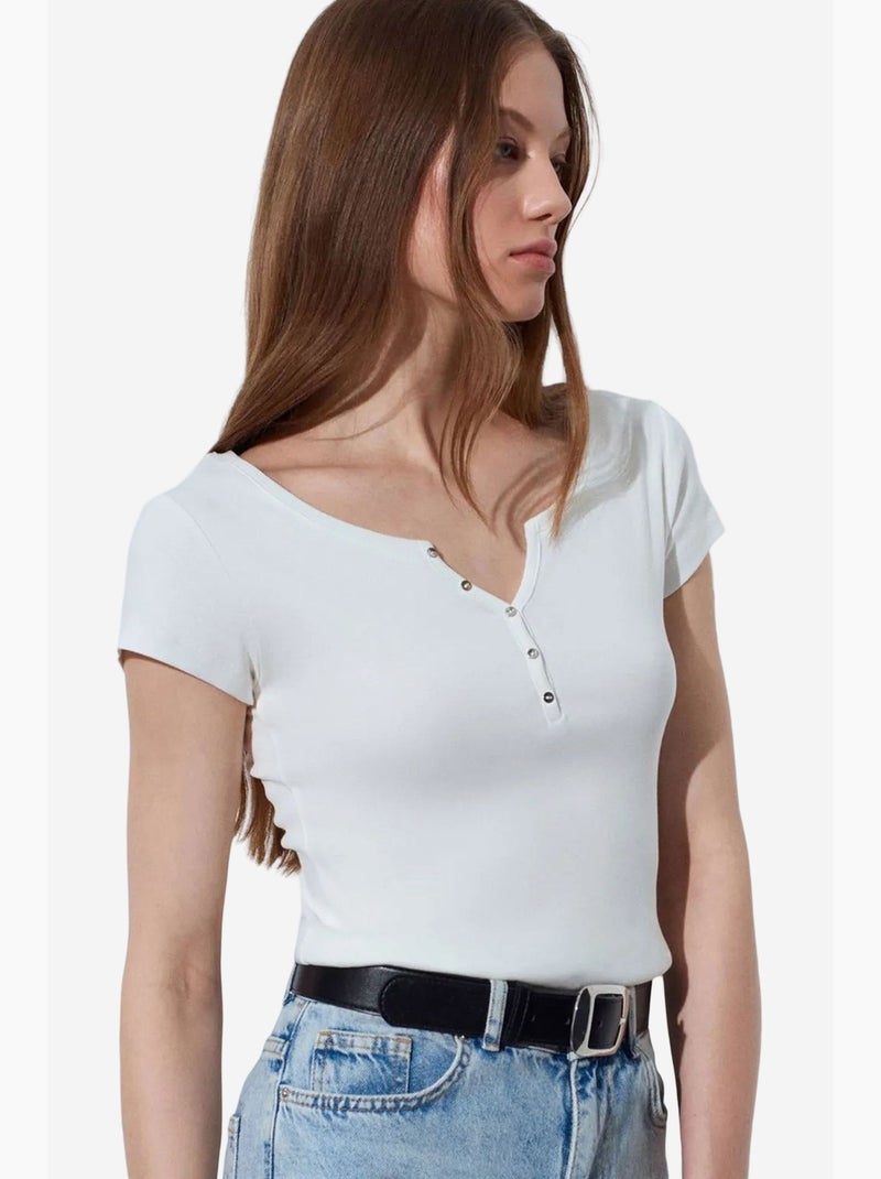 Dames t-shirt van katoen, slim fit, ronde hals dilvin Ecru - Kiabi