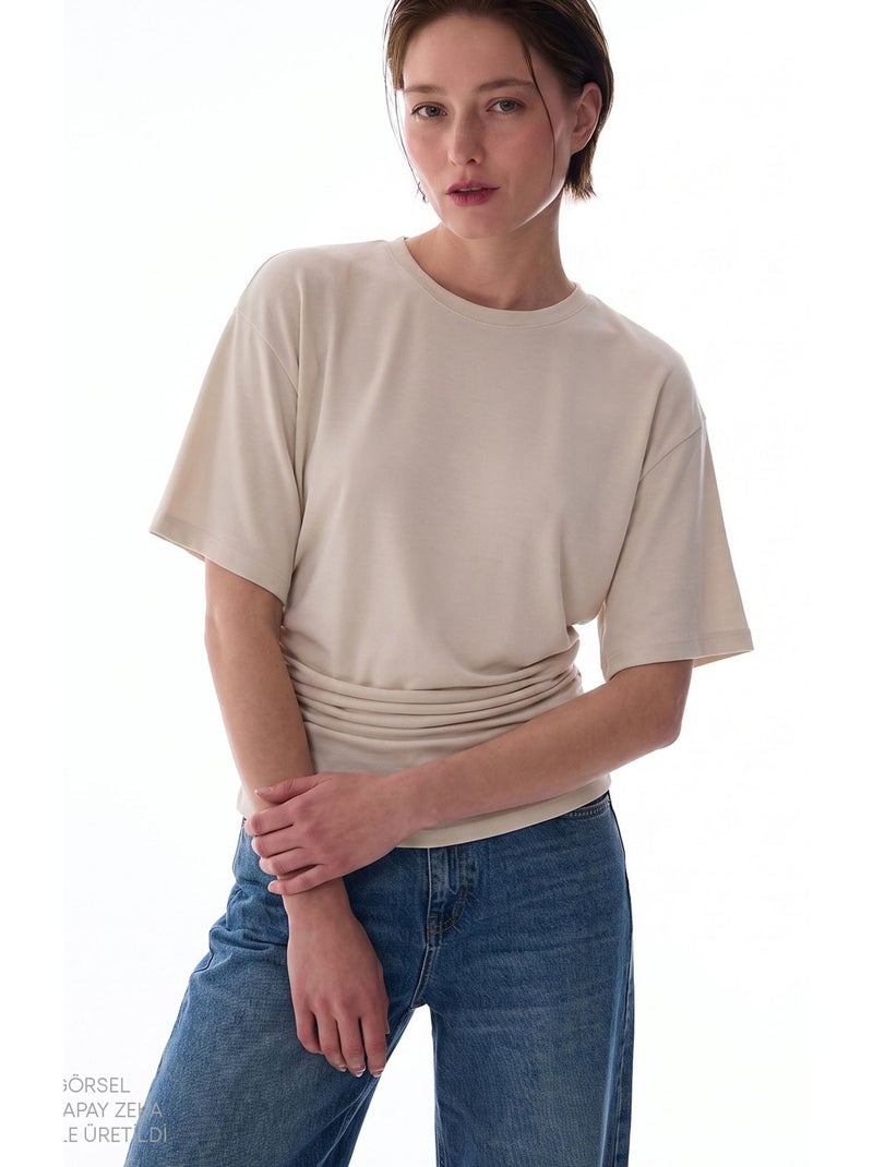 Dames t-shirt van modal met detail in de taille en plooien penti Klei-beige - Kiabi