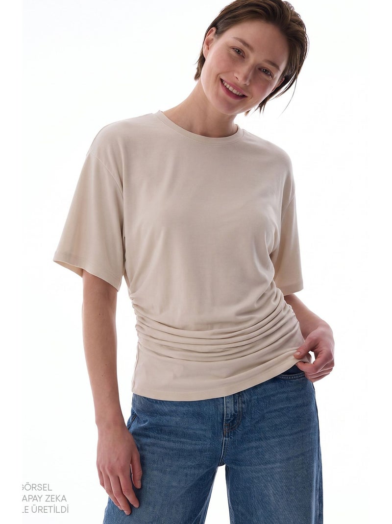 Dames t-shirt van modal met detail in de taille en plooien penti Klei-beige - Kiabi