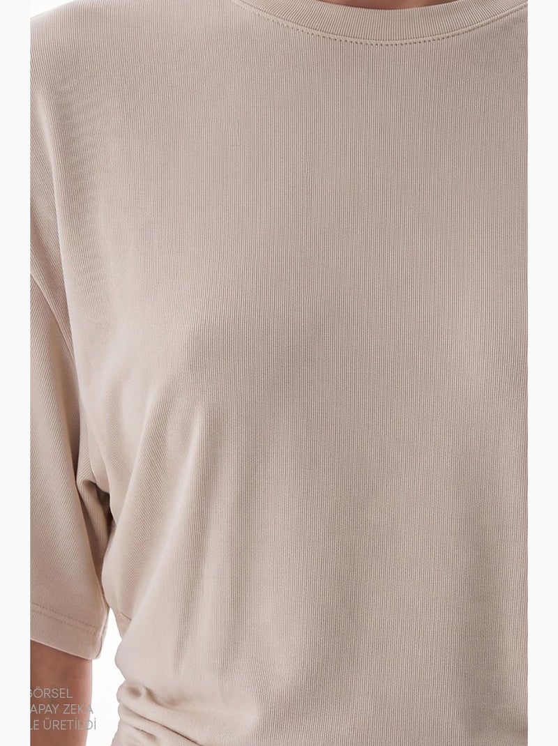 Dames t-shirt van modal met detail in de taille en plooien penti Klei-beige - Kiabi