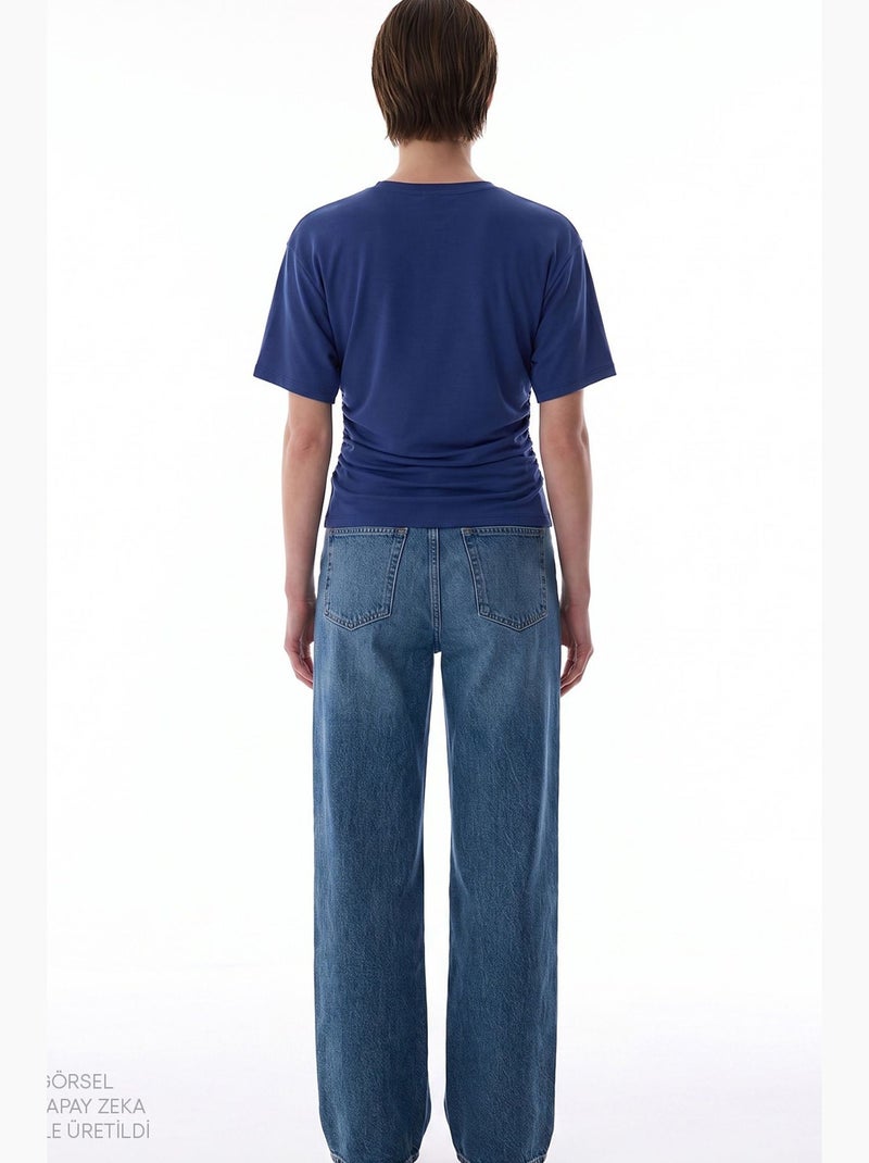 Dames t-shirt van modal met detail in de taille en plooien penti Kobaltblauw - Kiabi