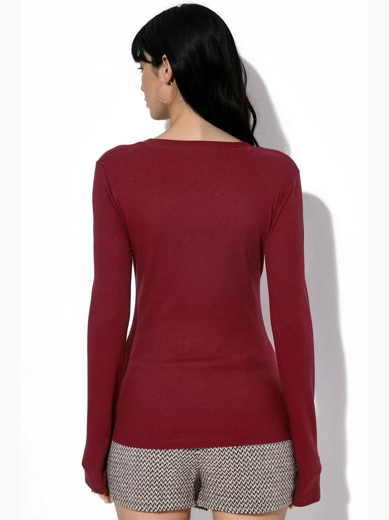 Dames top met ribstructuur en lange mouwen busem Bordeauxrood - Kiabi