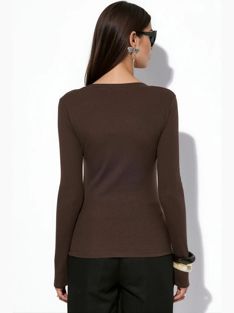 Dames top met ribstructuur en lange mouwen busem Chocoladebruin - Kiabi