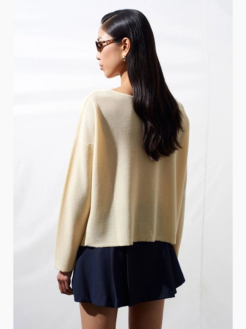 Dames trui van ribgebreide knit met v-hals dilvin Crème - Kiabi