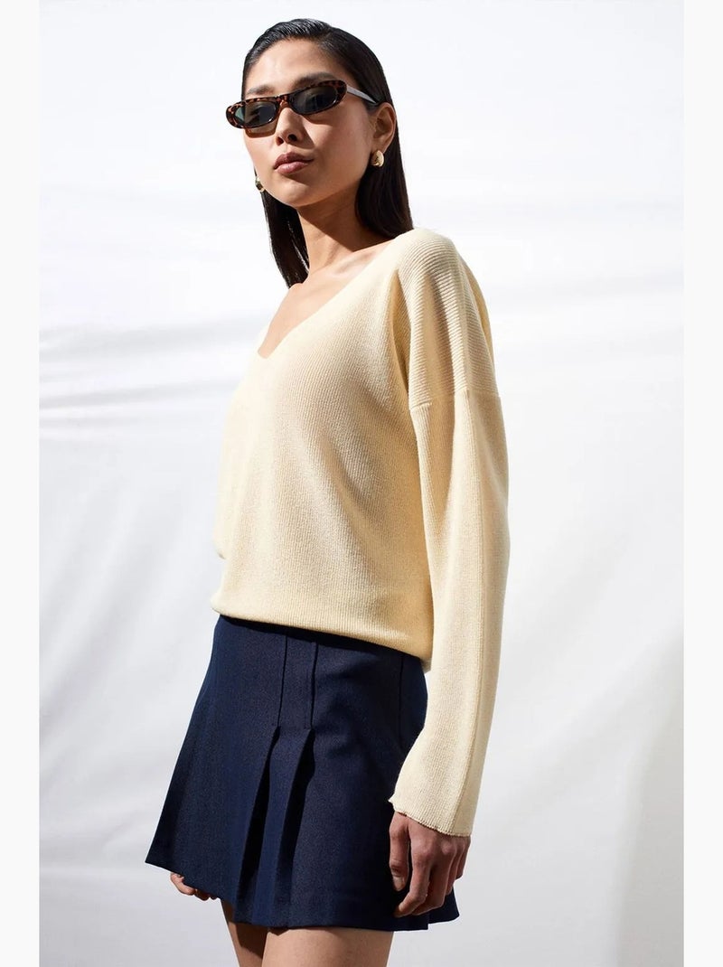 Dames trui van ribgebreide knit met v-hals dilvin Crème - Kiabi