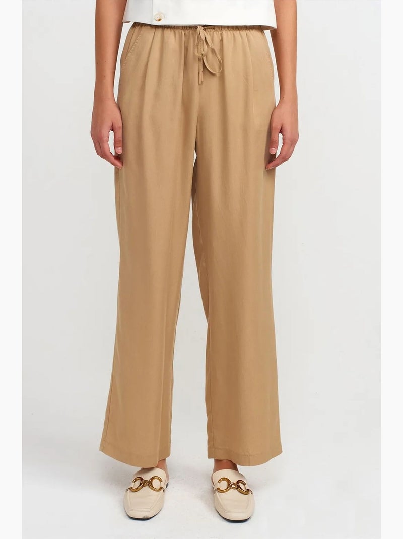 Dames wide-leg broek van tencel met trekkoord dilvin Camel - Kiabi