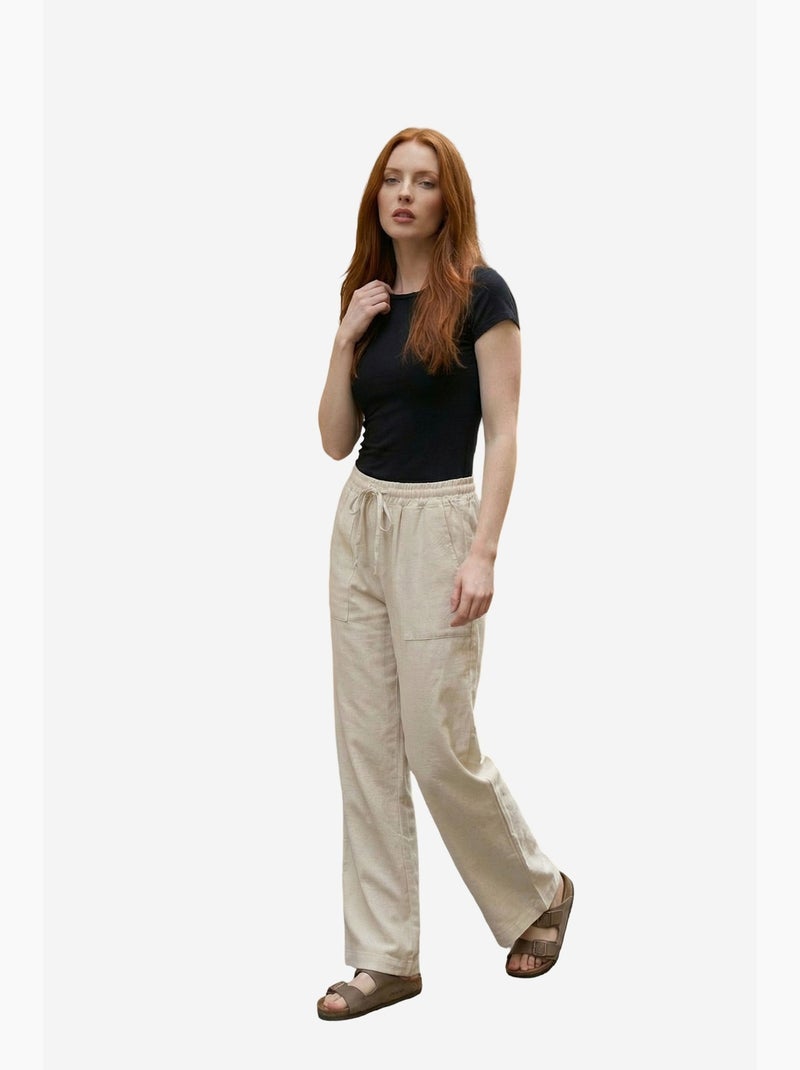 Dames wijde linnenmix broek my fashion Natuurlijk beige - Kiabi