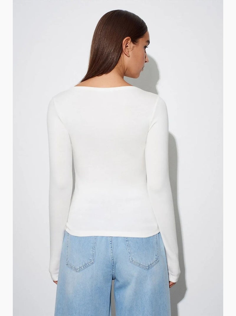 Damesblouse met slim fit, boothals en lange mouwen dilvin Ecru - Kiabi