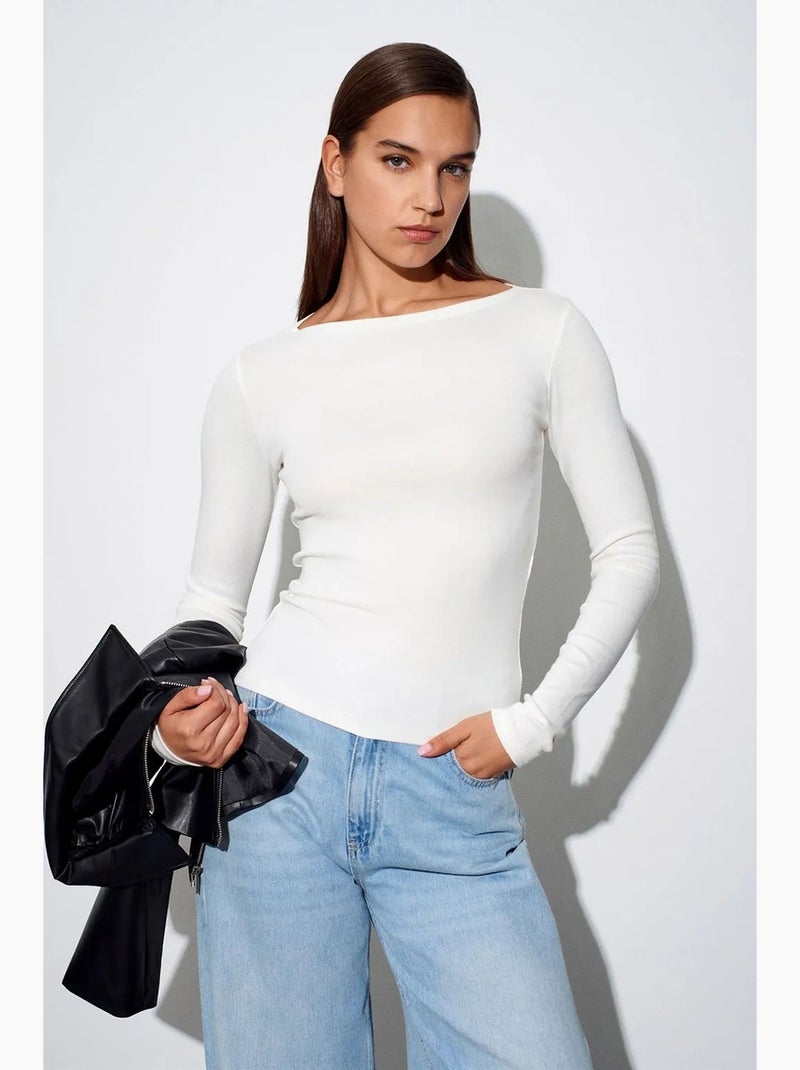 Damesblouse met slim fit, boothals en lange mouwen dilvin Ecru - Kiabi