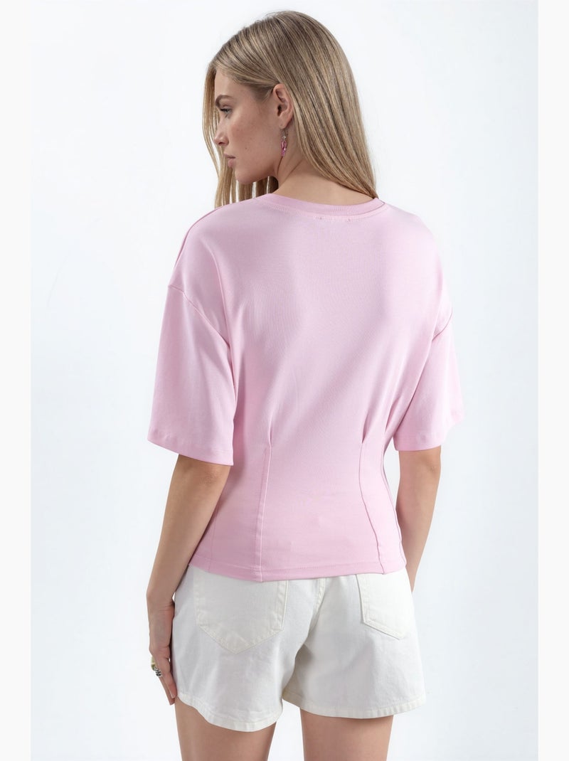 Damesblouse van katoen met ribstructuur en ronde hals busem Lichtroze - Kiabi