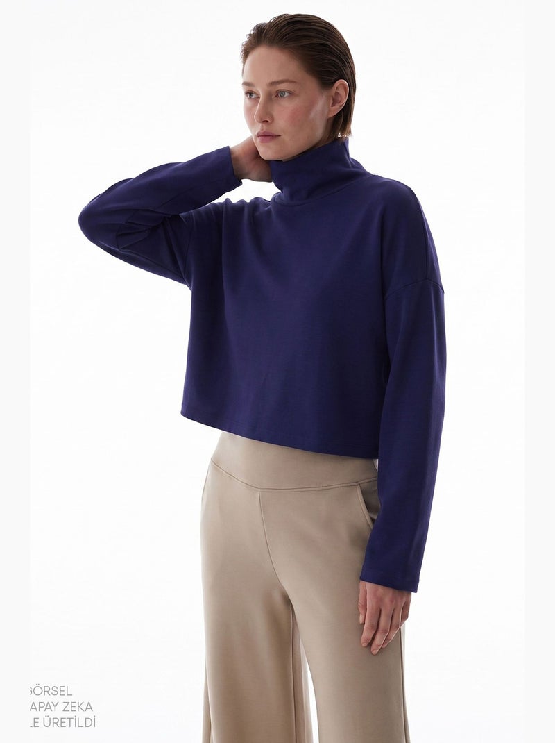 Damesblouse van modal met hoge kraag en lange mouwen penti Marineblauw - Kiabi