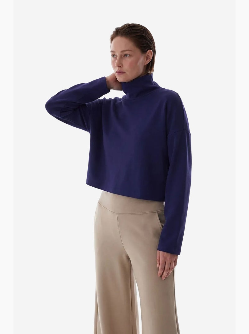 Damesblouse van modal met hoge kraag en lange mouwen penti Marineblauw - Kiabi