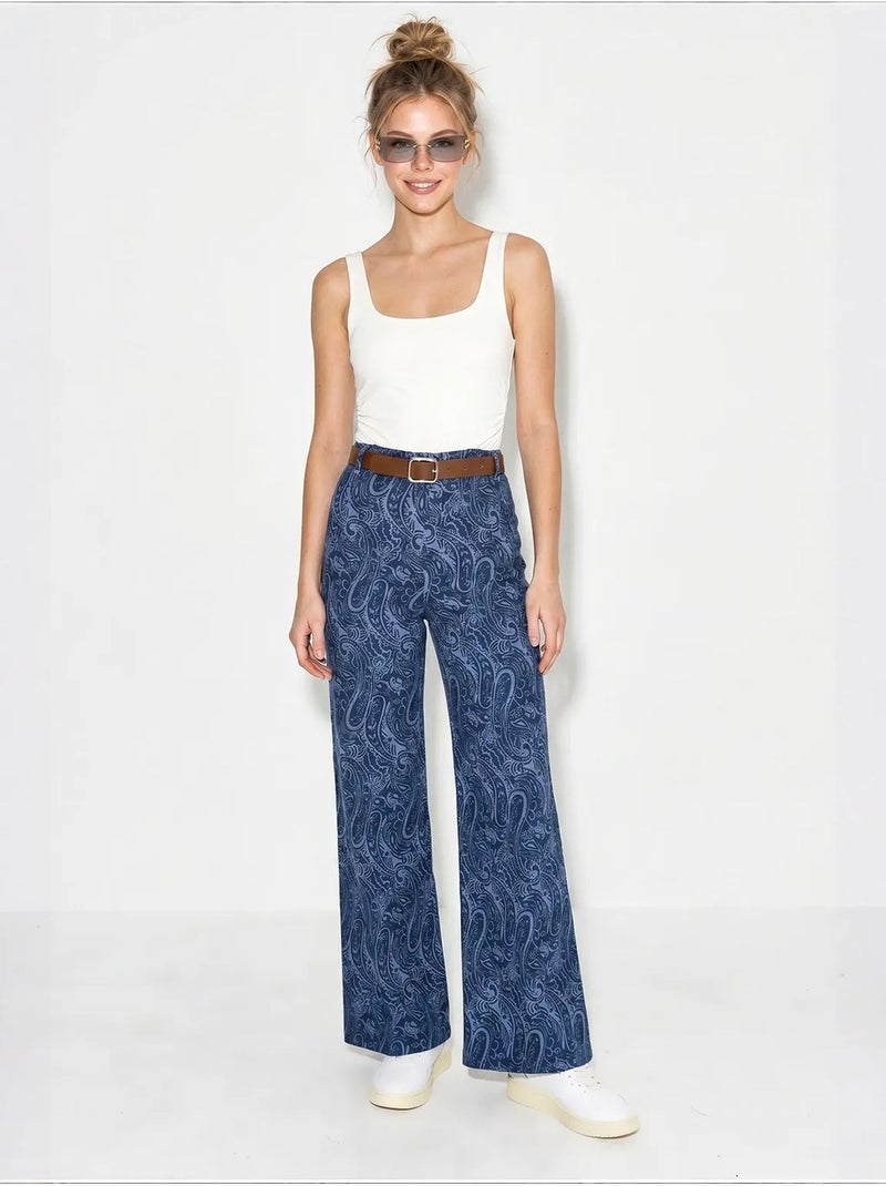 Damesbroek met ceintuur wijde pijp lucci Marineblauw - Kiabi