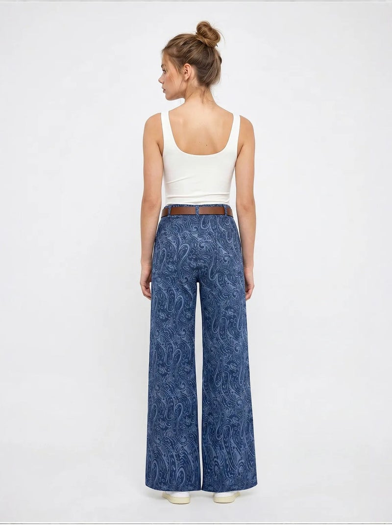 Damesbroek met ceintuur wijde pijp lucci Marineblauw - Kiabi