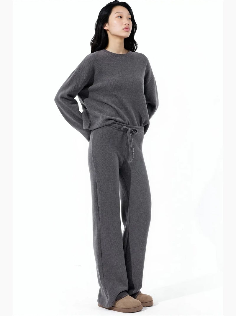 Damesbroek met elastische taille en wijde pijpen busem Grijs Zwart - Kiabi