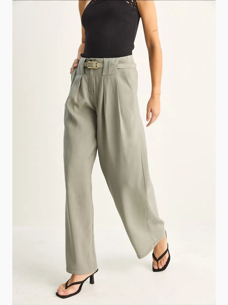Damesbroek met hoge taille en riem lucci Groen - Kiabi