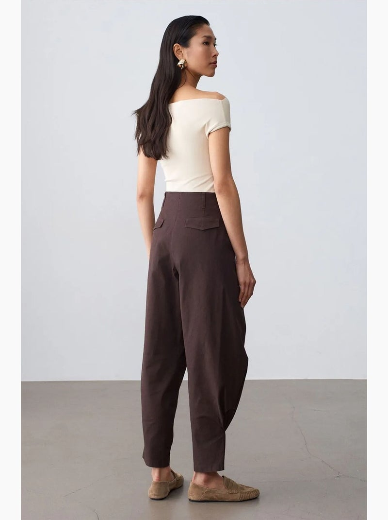 Damesbroek met hoge taille en wijde pijp van poplin dilvin Chocoladebruin - Kiabi