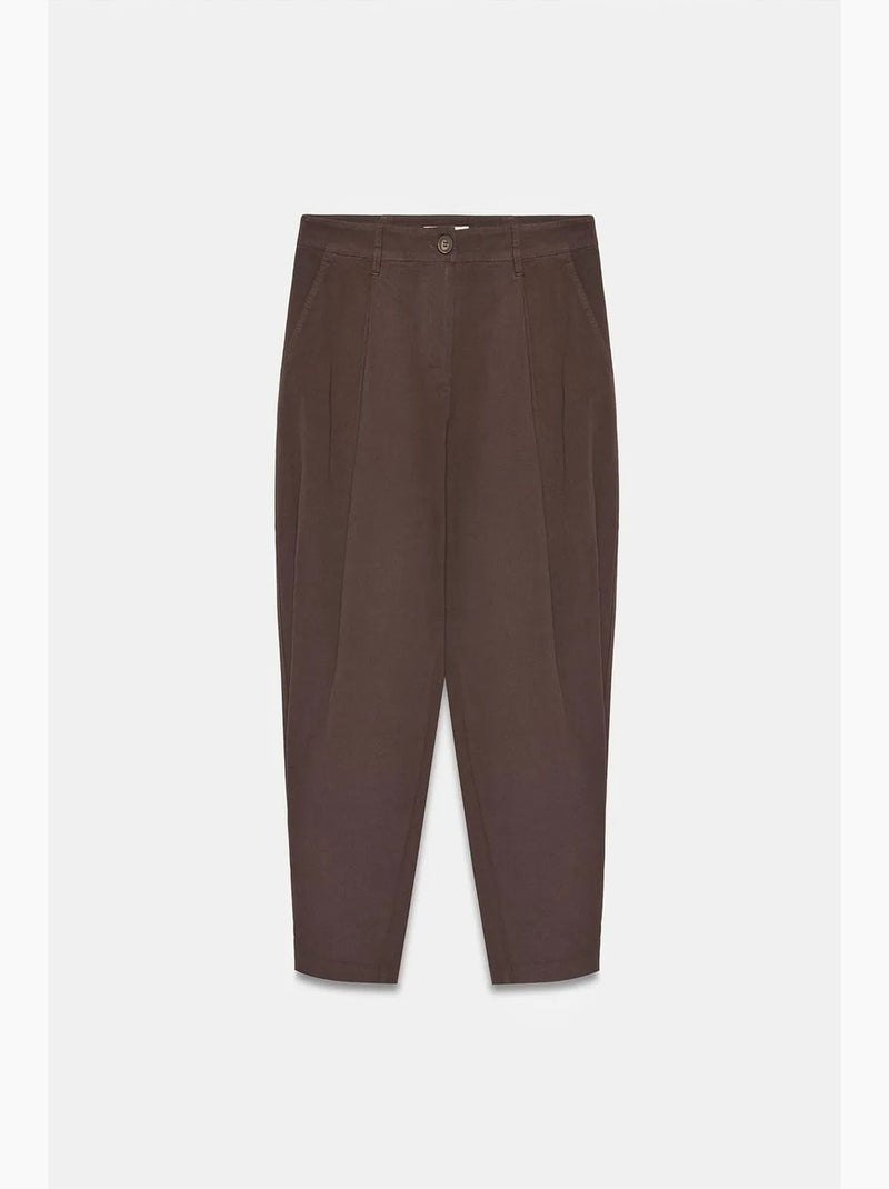 Damesbroek met hoge taille en wijde pijp van poplin dilvin Chocoladebruin - Kiabi
