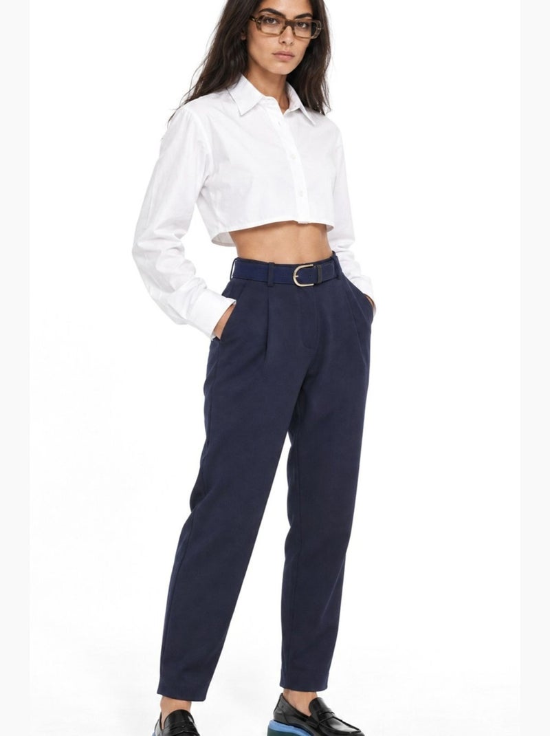 Damesbroek van katoenmix met stretch busem Marineblauw - Kiabi