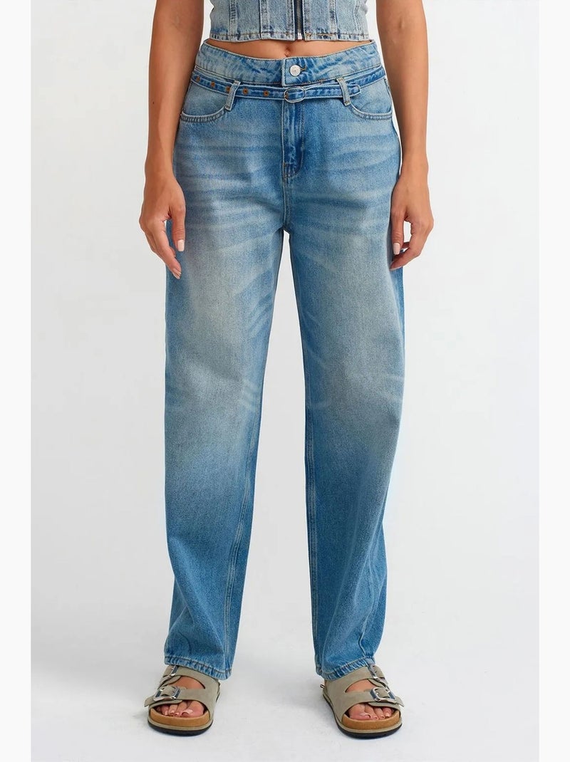 Damesjeans met hoge taille en ballonpijpen dilvin Saffierblauw - Kiabi