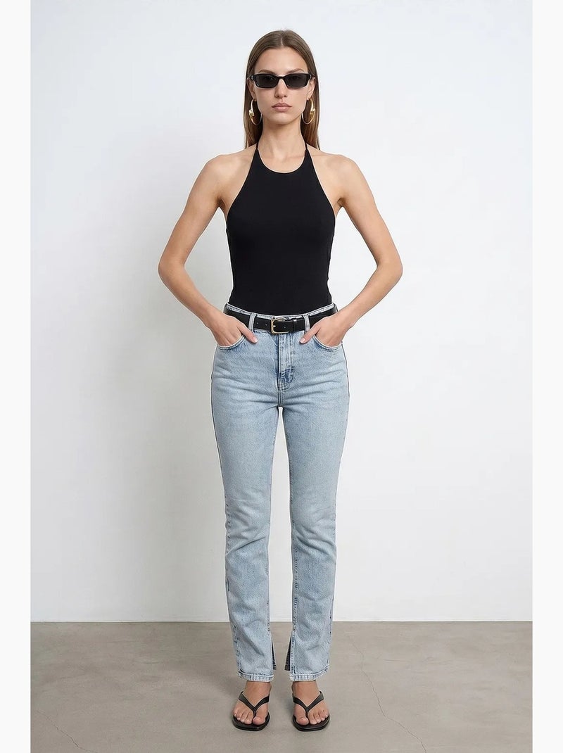 Damesjeans met hoge taille en rechte pijp dilvin Lichtblauw - Kiabi