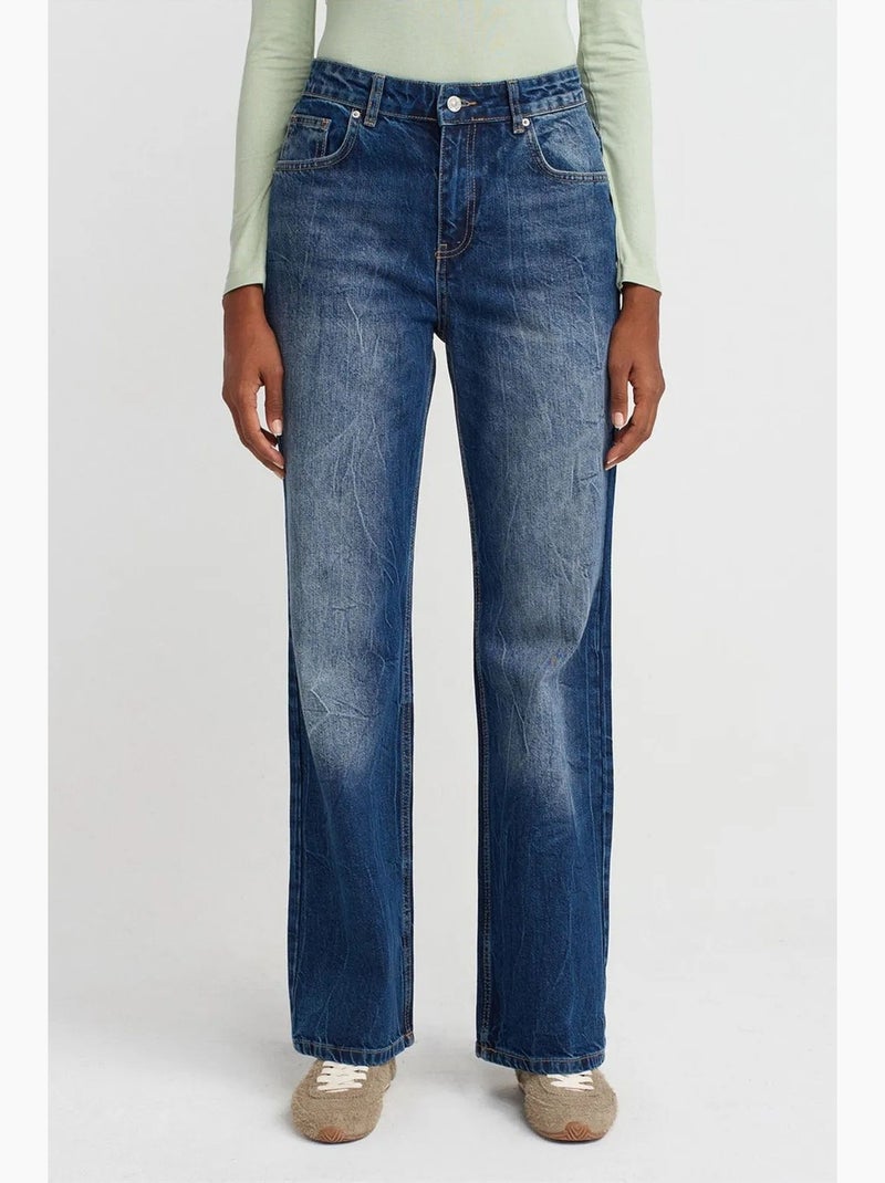 Damesjeans met hoge taille en rechte pijp dilvin Saffierblauw - Kiabi