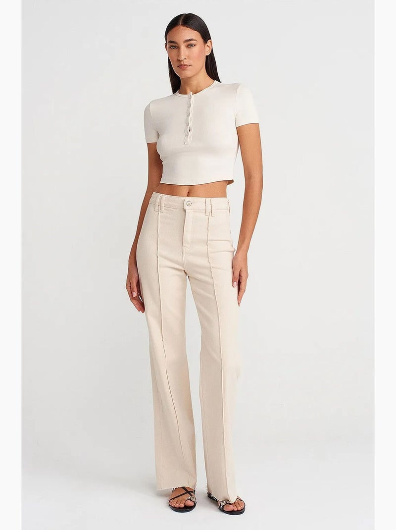 Damesjeans met hoge taille en wijde pijp dilvin Gebroken wit - Kiabi