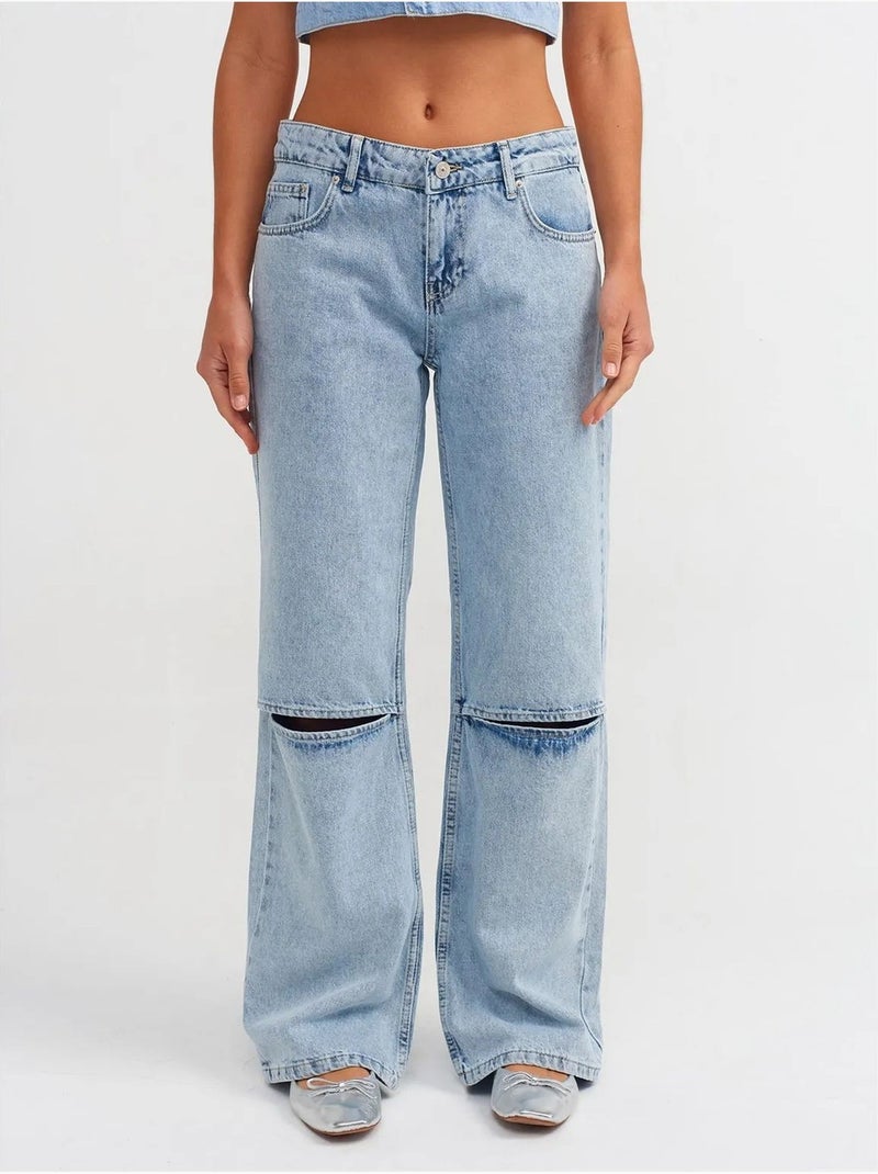 Damesjeans met hoge taille en wijde pijp dilvin Lichtblauw - Kiabi