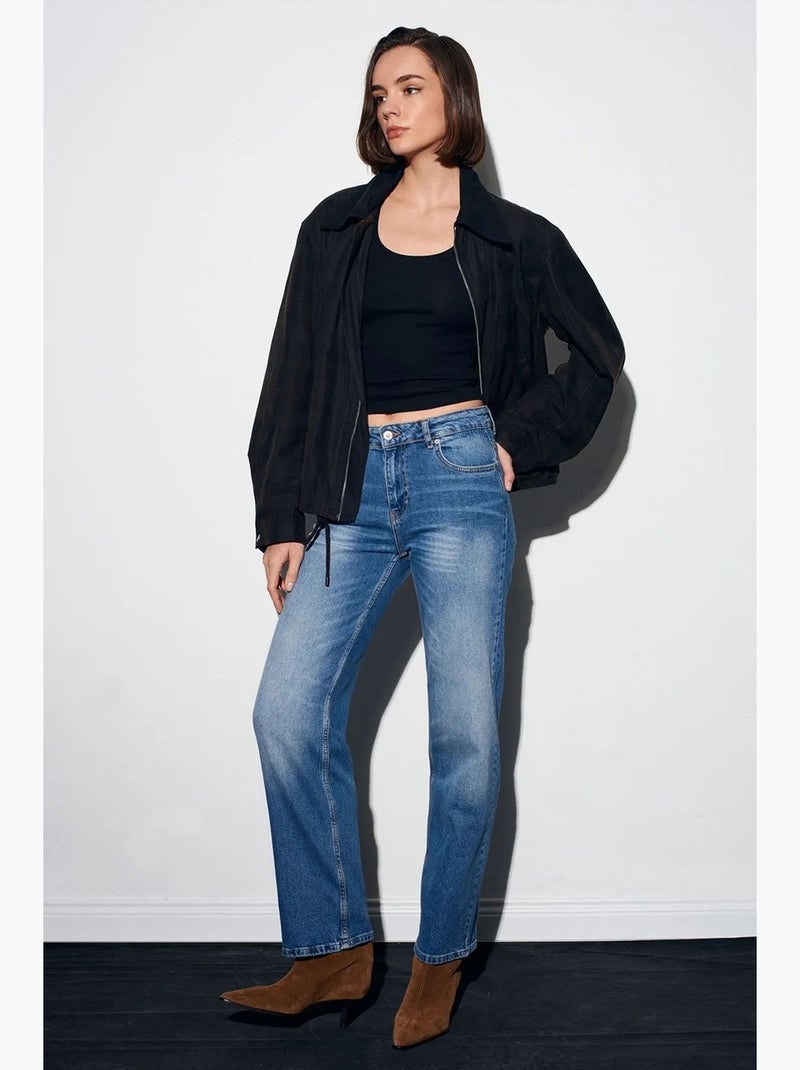 Damesjeans met hoge taille en wijde pijp dilvin Saffierblauw - Kiabi