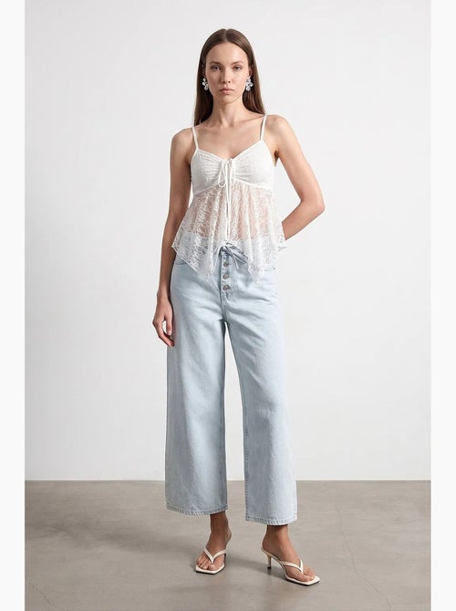 Damesjeans met hoge taille, wijde pijp en caprilengte dilvin - Kiabi