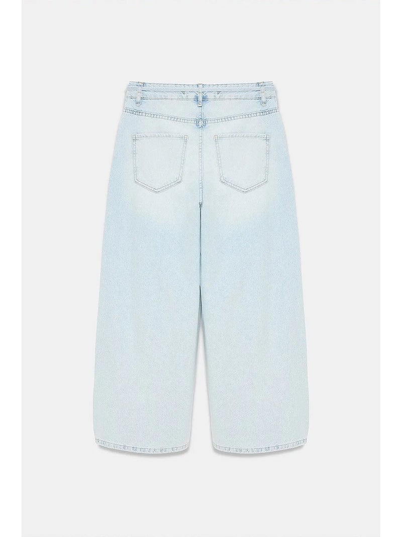 Damesjeans met hoge taille, wijde pijp en caprilengte dilvin Lichtblauw - Kiabi