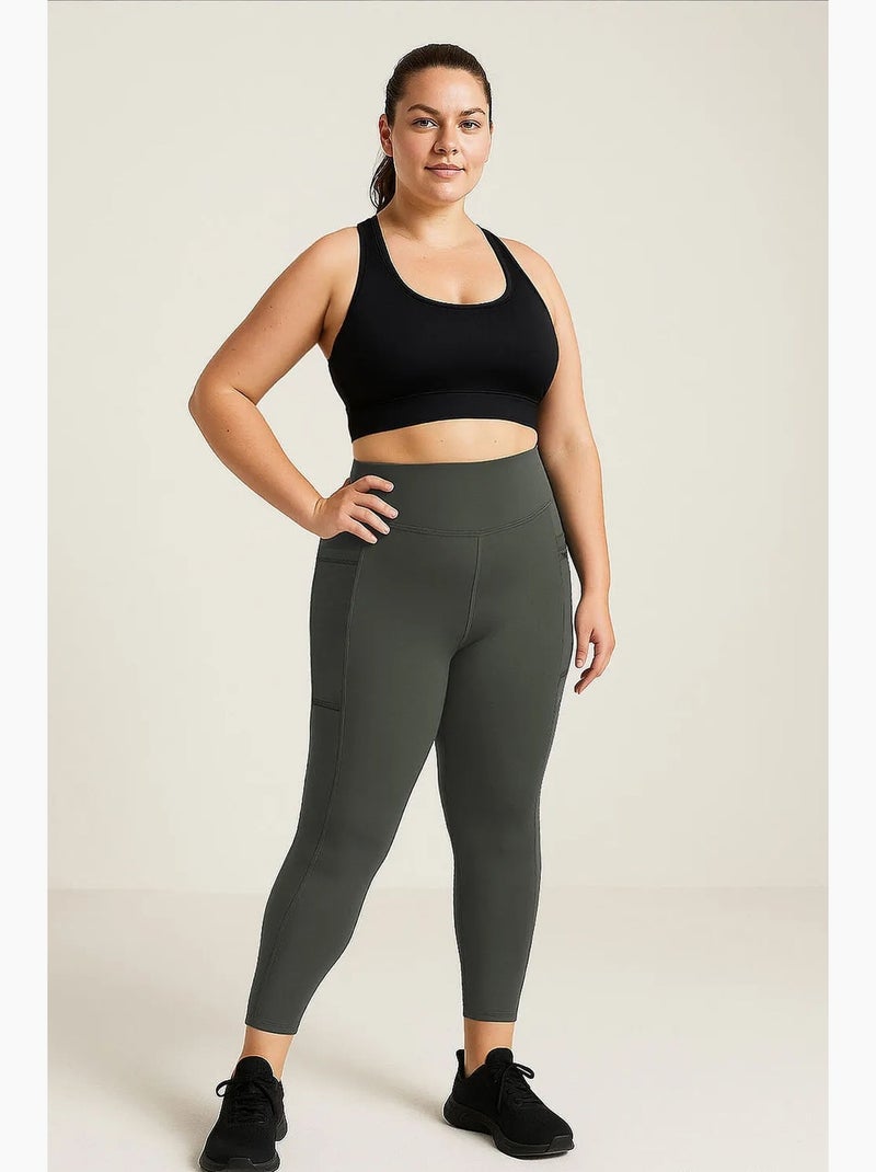Dameslegging met hoge taille en zak tommy Kakigroen - Kiabi