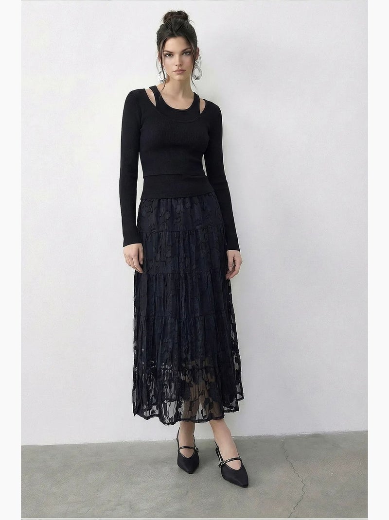 Damesrok hoge taille getextureerde maxi lucci Zwart - Kiabi